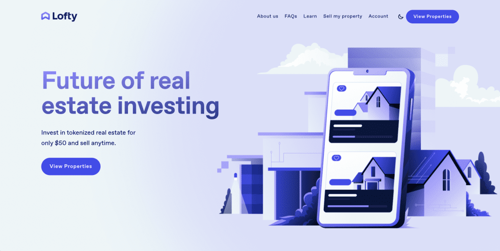 Lofty.ai homepage. Tokenized Real Estate Investing with Algorand