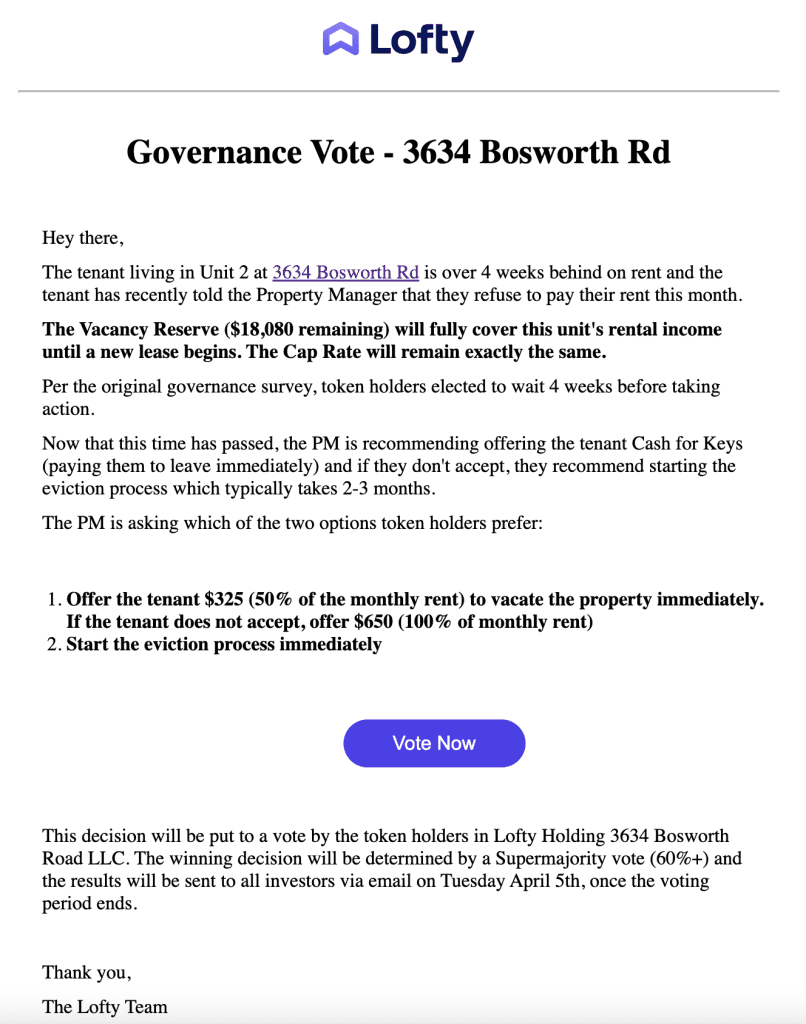 Lofty AI Governance Vote delivered by email. Vote for option 1, offer tenant cash to vacate the property, or option 2, start the eviction process immediately. 