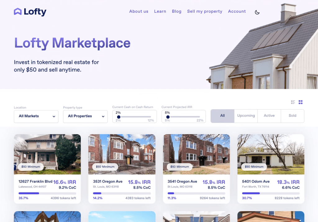Screenshot of the Lofty Marketplace on lofty.ai Browse tokenized properties by city, property type, cash on cash return, and project IRR.