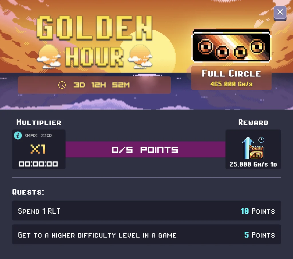 Earn Points in the Rollercoin Golden Hour Event by Spending 1 RLT for 10 Points or Get to a Higher Difficulty in a Game for 5 Points.