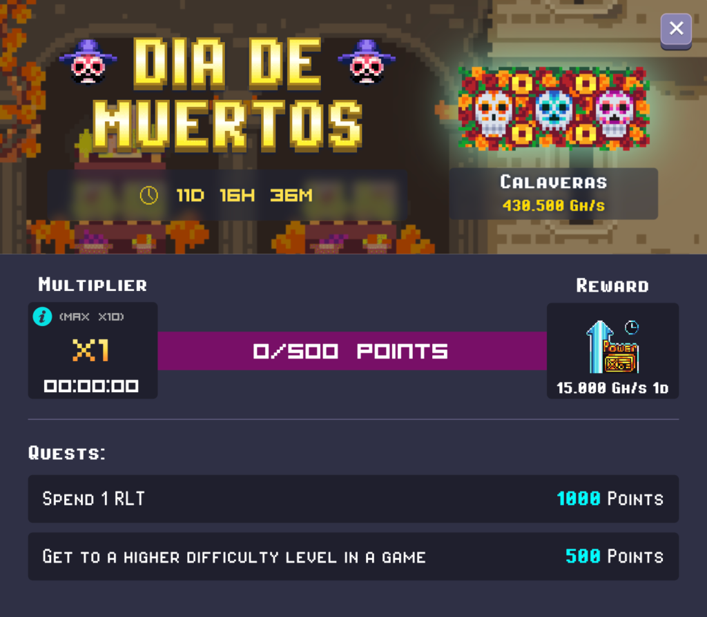 Quests for Rollercoin Dia de Muertos. Spend 1 RLT for 1,000 Points or  Level Up for 500 points.