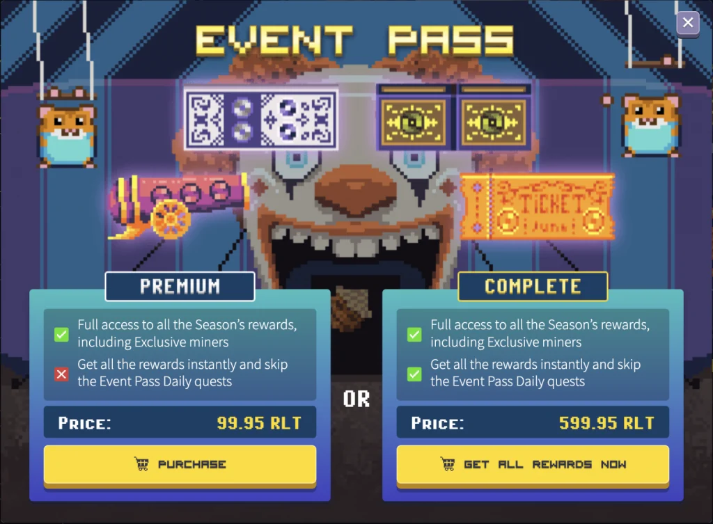 Rollercoin Season 6 Premium Event  Pass for 99.95 RLT and Rollercoin Season 6 Complete Pass for 599.95 RLT.