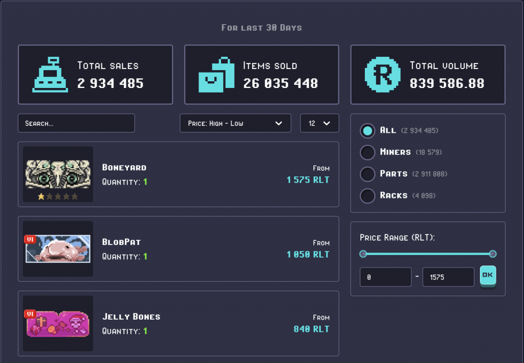 Rollercoin Marketplace Interface. Buy and Sell Miners, Parts, and Racks. Search by Price Range. Statistics showing Volume and Items Sold.