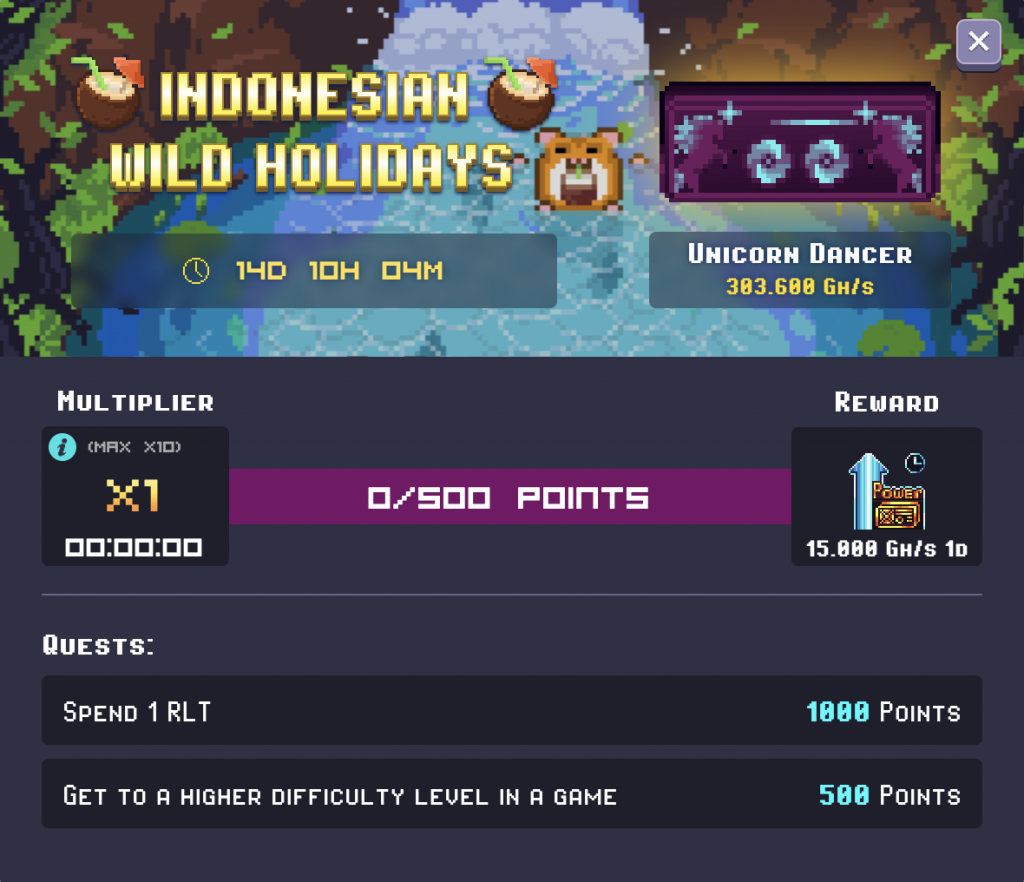 Rollercoin Indonesian Wild Holidays Interface. Current Reward, Unicorn Dancer,  also RLT Multiplier, Points Needed, Quests, and Remaining Time.