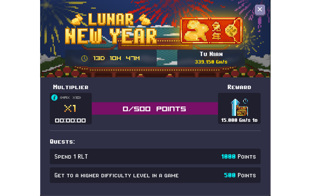 Quests for Rollercoin Lunar New Year. Spend 1 RLT for 1000 points or Get to a higher difficulty in a game for 500 points. 
